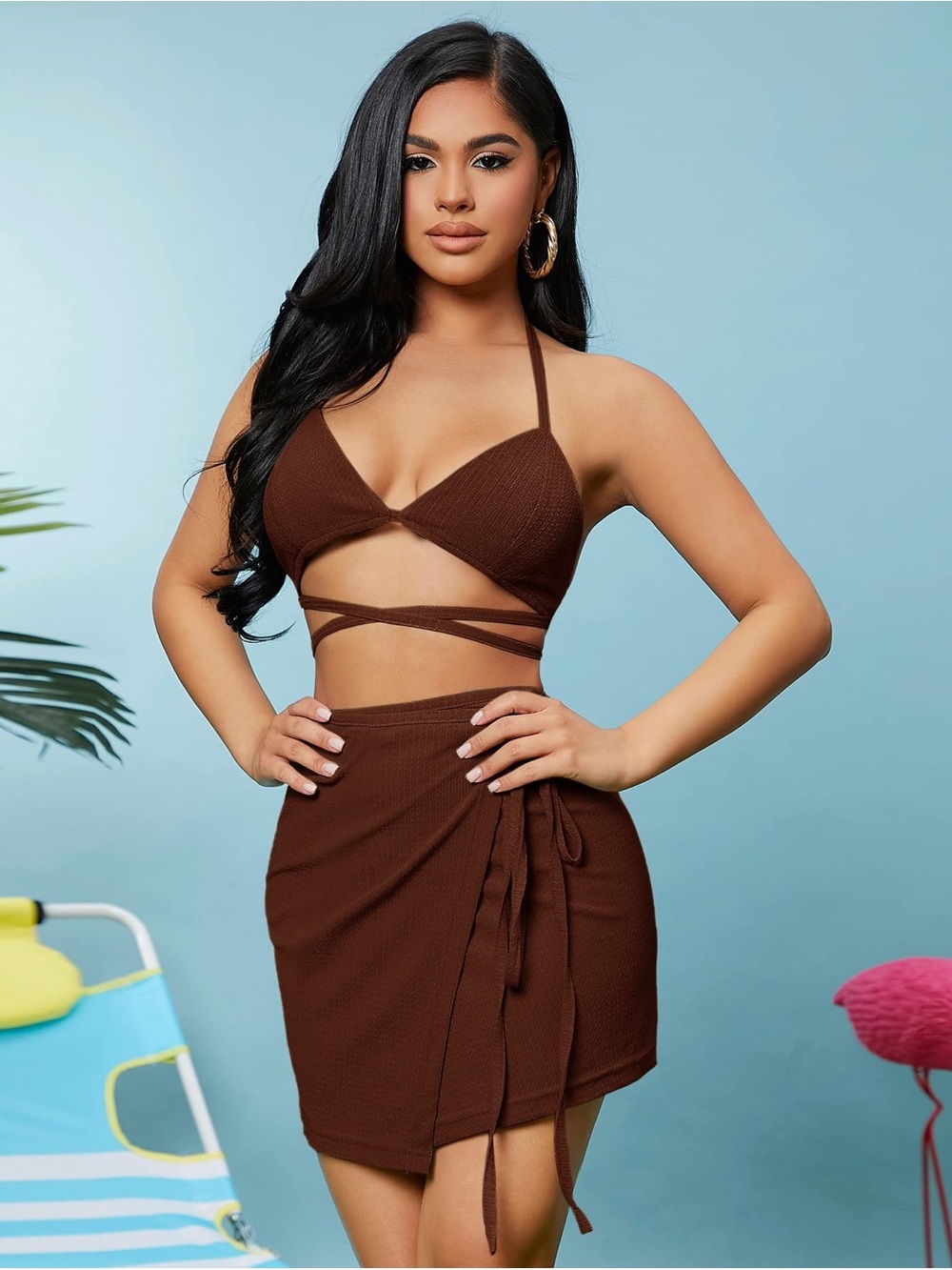 Women's Brown Wrap Mini Skirt Set with Strappy Halter Top